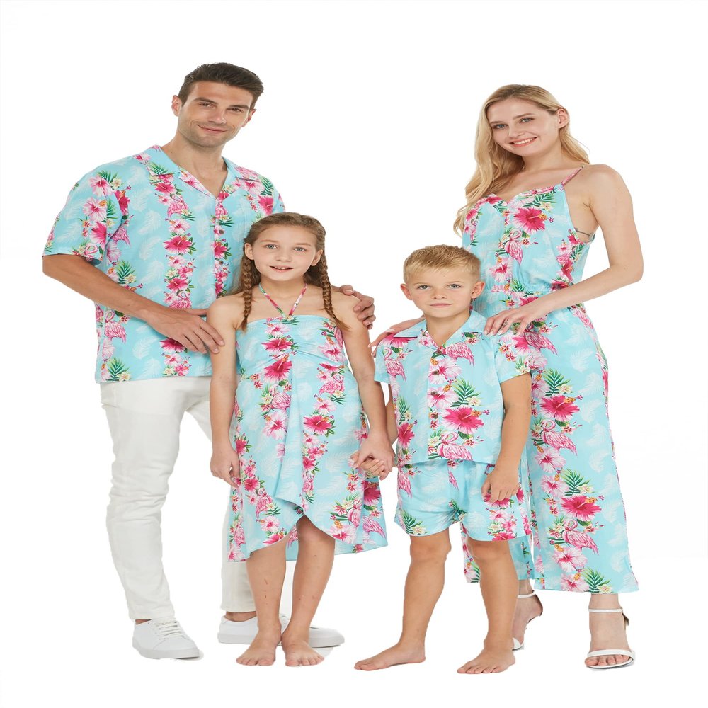 Matchable Family Hawaiian Luau Shirts, Pink Hibiscus Vine Turquoise, Dog, Size Small