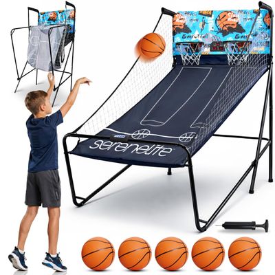 SereneLife Shootout Basketball Arcade Game - Dual Hoop Electronic Scorer, LED Display, 8 Game Modes, 5 Balls, Pump & Foldable Frame  Indoor Sport Fun for Kids, Teens & Family Game Nights