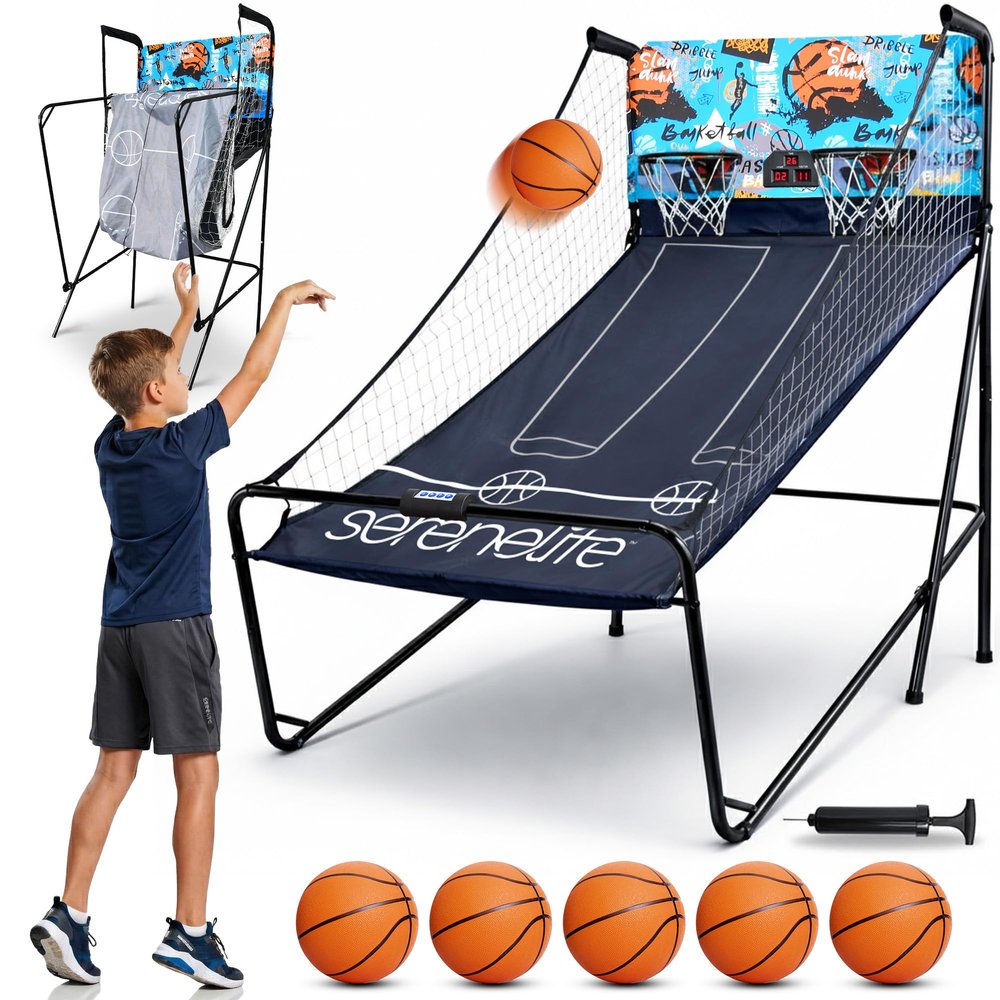 SereneLife Shootout Basketball Arcade Game - Dual Hoop Electronic Scorer, LED Display, 8 Game Modes, 5 Balls, Pump & Foldable Frame  Indoor Sport Fun for Kids, Teens & Family Game Nights