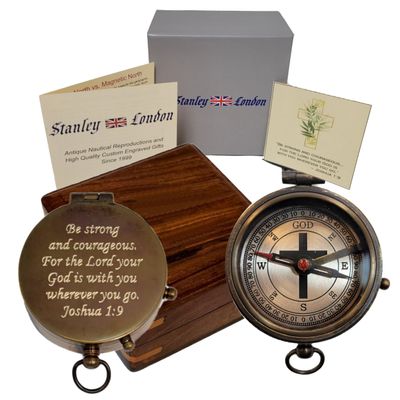 Baptism Confirmation Compass Engraved with Joshua 1:9 Bible Verse in Wooden Box | Religious Inspirational Gift for Catholic Christian Boys Teens from Parents or Grandparents | Pastor Appreciation Gift