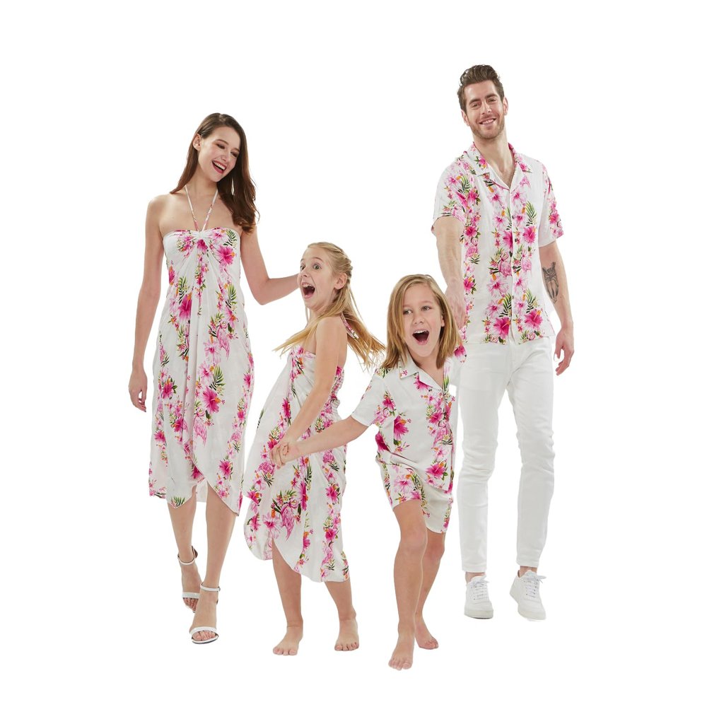 Matchable Family Hawaiian Luau Shirts, Pink Hibiscus Vine White, Dog, X-Large