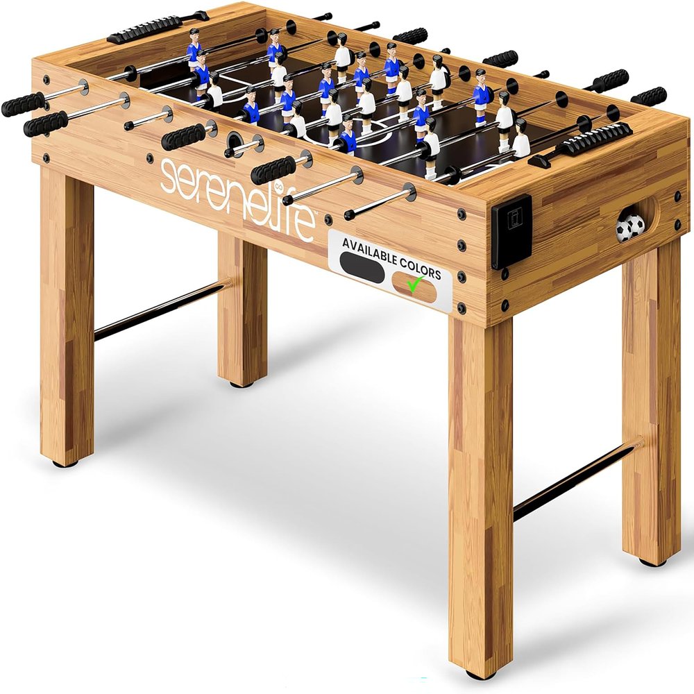 SereneLife 48in Competition Sized Foosball Table - Height Adjustable Arcade Soccer Set for Home, Game Room, Man Cave - Includes 2 Balls & 2 Fold-Out Cup Holders, Natural