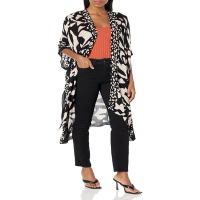 Angie womens Angie Women's Printed Kimono Transitional Jacket, Black-tan, One Size US
