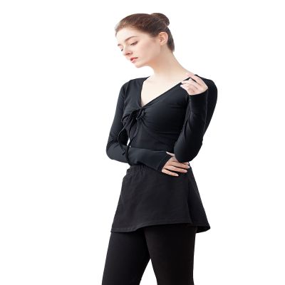 Daydance Cotton Black Women Bolero Shrug Crop Top V-Neck Ballet Sweaters with Thumb Holes, Long Sleeve