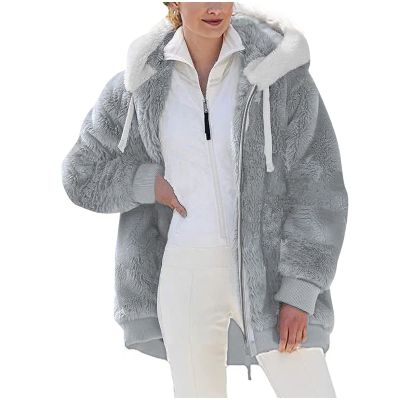 NaRHbrg Women Fleece Hooded Jacket Full Zip Sherpa Jackets Faux Fur Coat Winter Hooded Overcoat Outwears For Warm Winter