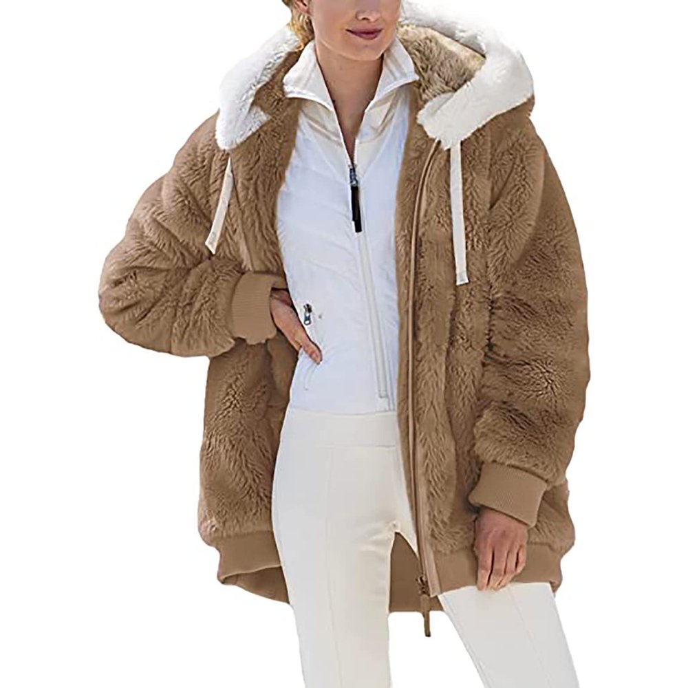 NaRHbrg Women Fleece Hooded Jacket Full Zip Sherpa Jackets Faux Fur Coat Winter Hooded Overcoat Outwears For Warm Winter