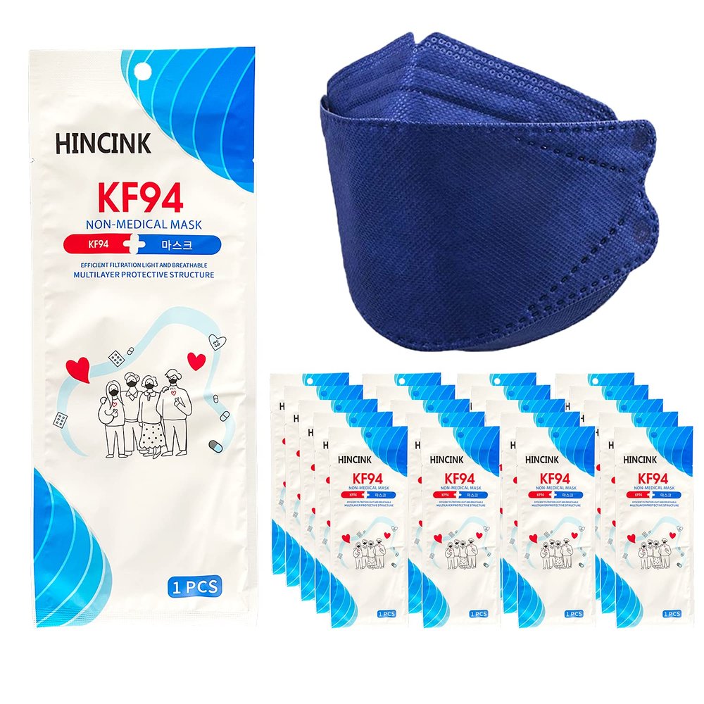 [30 Pack]HINCINK Kf94 Masks [Individually Packaged] Unisex, 4-Layer Mask, Tri-Folding Style for Adult and Older (30Pcs, Navy blue)