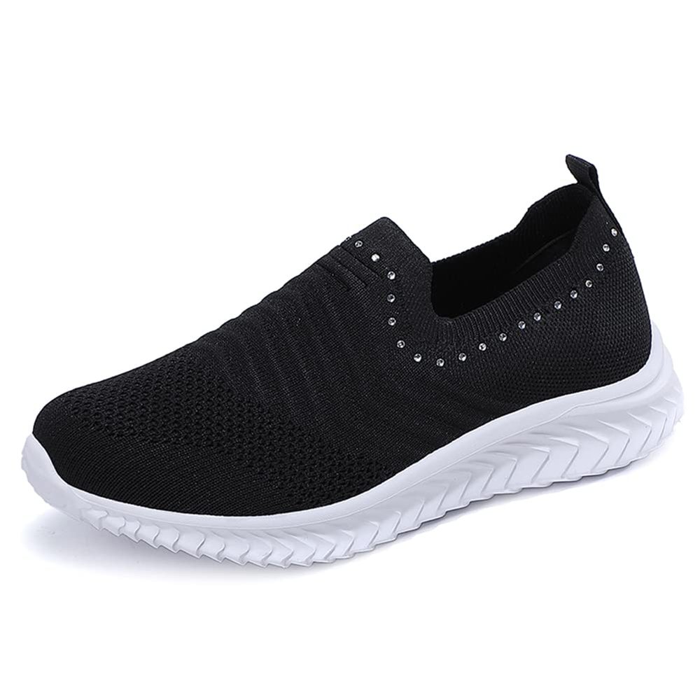 GOSPT Women's Slip on Sock Sneakers Glitter Rhinestone Jazz Latin Dance Mesh Shoes Black 10
