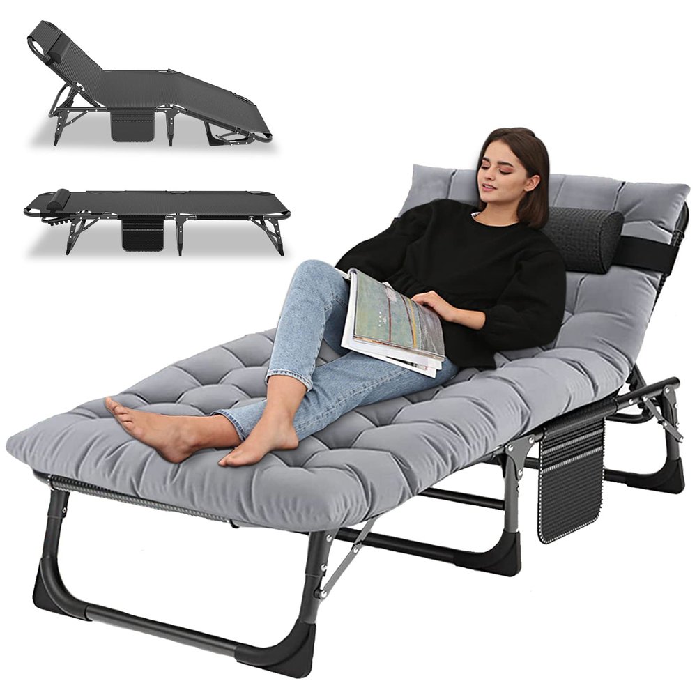 LILYPELLE Adjustable 4-Position Camping Cot, 500lbs, Folding Chaise with Pillow, Outdoor Portable Furniture for Adults, Cot Bed for Camping, Pool, Beach, Patio