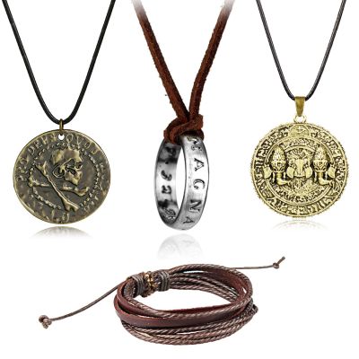 UoYu TFYU 4 pcs Drake Necklace Antique Brass Plated Alloy Drake Ancient Coins Pendant Necklace Unisex Multilayer Leather Adjustable Bracelet Cuff Wrap Multicolor Rope Wristband