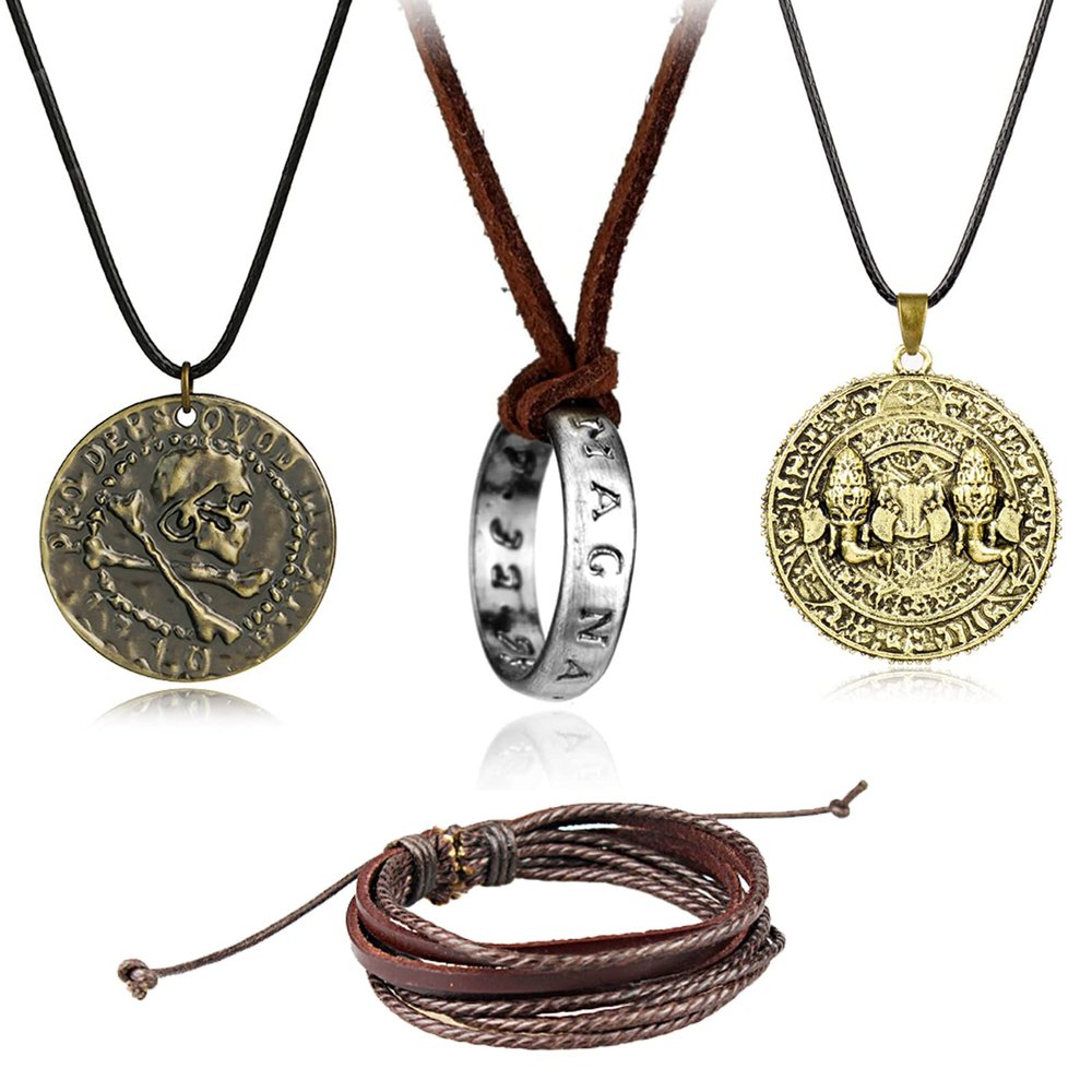 UoYu TFYU 4 pcs Drake Necklace Antique Brass Plated Alloy Drake Ancient Coins Pendant Necklace Unisex Multilayer Leather Adjustable Bracelet Cuff Wrap Multicolor Rope Wristband