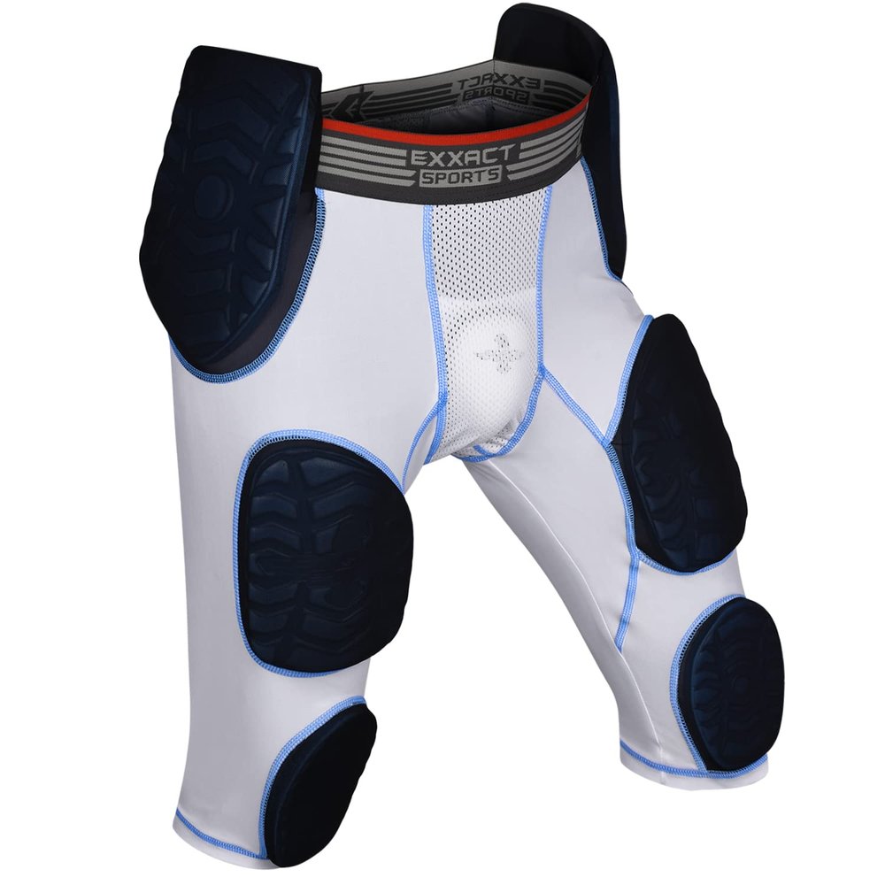 Exxact Sports Combat 7-Pad Adult Football Girdle for Men with Cup Pocket, Padded Compression Shorts with Integrated Pads, Men's Girdle Football (AXL, White Combat Plus)