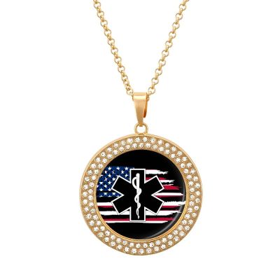 American Flag EMS Star of Life EMT Paramedic Medic Round Diamond Necklace Personalized Pattern Print Pendant With Chain
