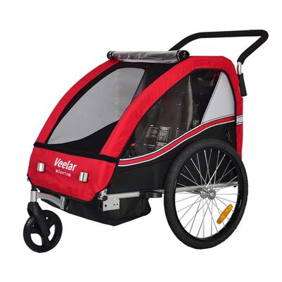 Veelar Bike Trailer & Stroller 2 in 1 Double Seat for Toddlers, Kids, Child Bicycle Carrier Jogger (Red/Black)