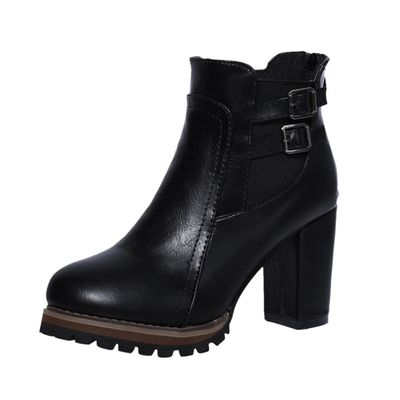 Bcshiye Womens Chunky Heel Ankle Booties Buckle Platform Boots for Women Combat Boots Round Toe High Heel Ankle Boots