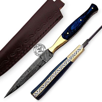 Beautiful Blue Wood Damascus Slim Dagger Hunting Knife, Double Edge, Fixed Blade Hunting Knife for EDC, Camping, Outdoor Survival Hunting Accessories, Gifts for Men, Boyfriend, Dad, Fathers Day Gift, 100% Prime Quality