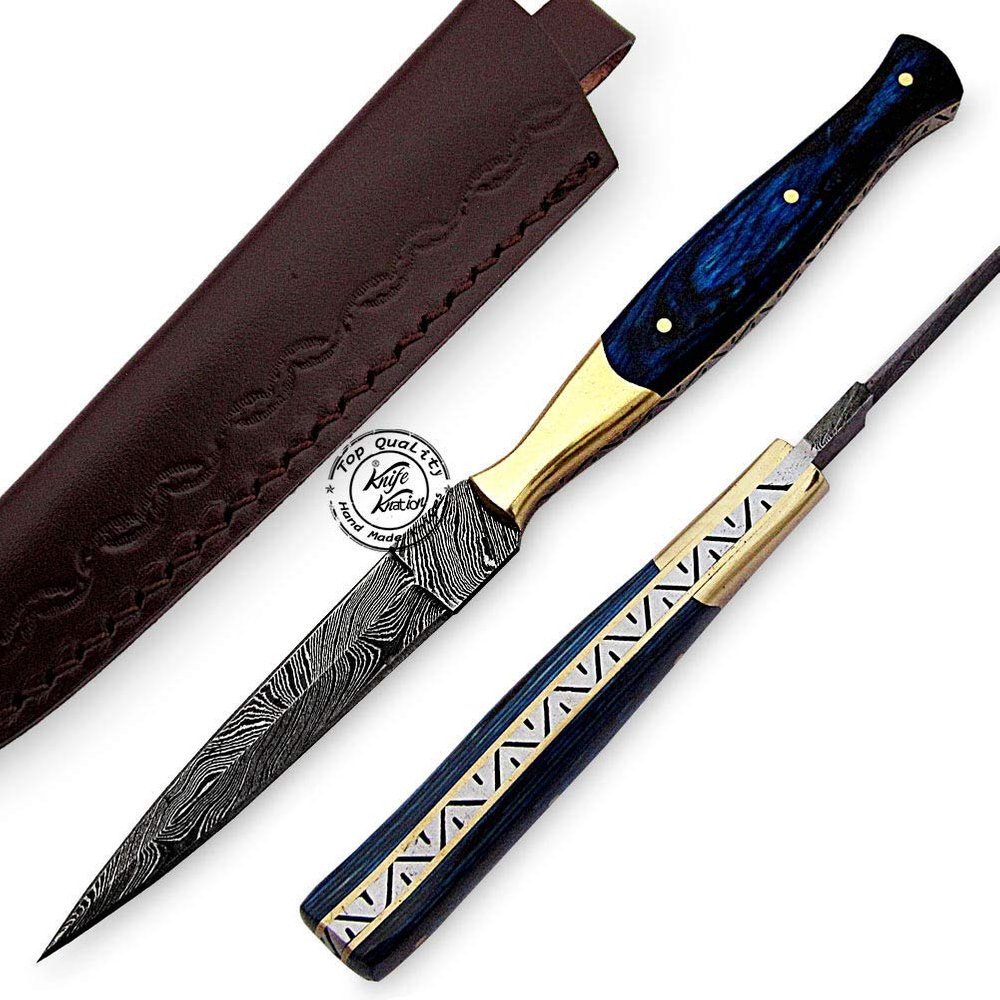 Beautiful Blue Wood Damascus Slim Dagger Hunting Knife, Double Edge, Fixed Blade Hunting Knife for EDC, Camping, Outdoor Survival Hunting Accessories, Gifts for Men, Boyfriend, Dad, Fathers Day Gift, 100% Prime Quality