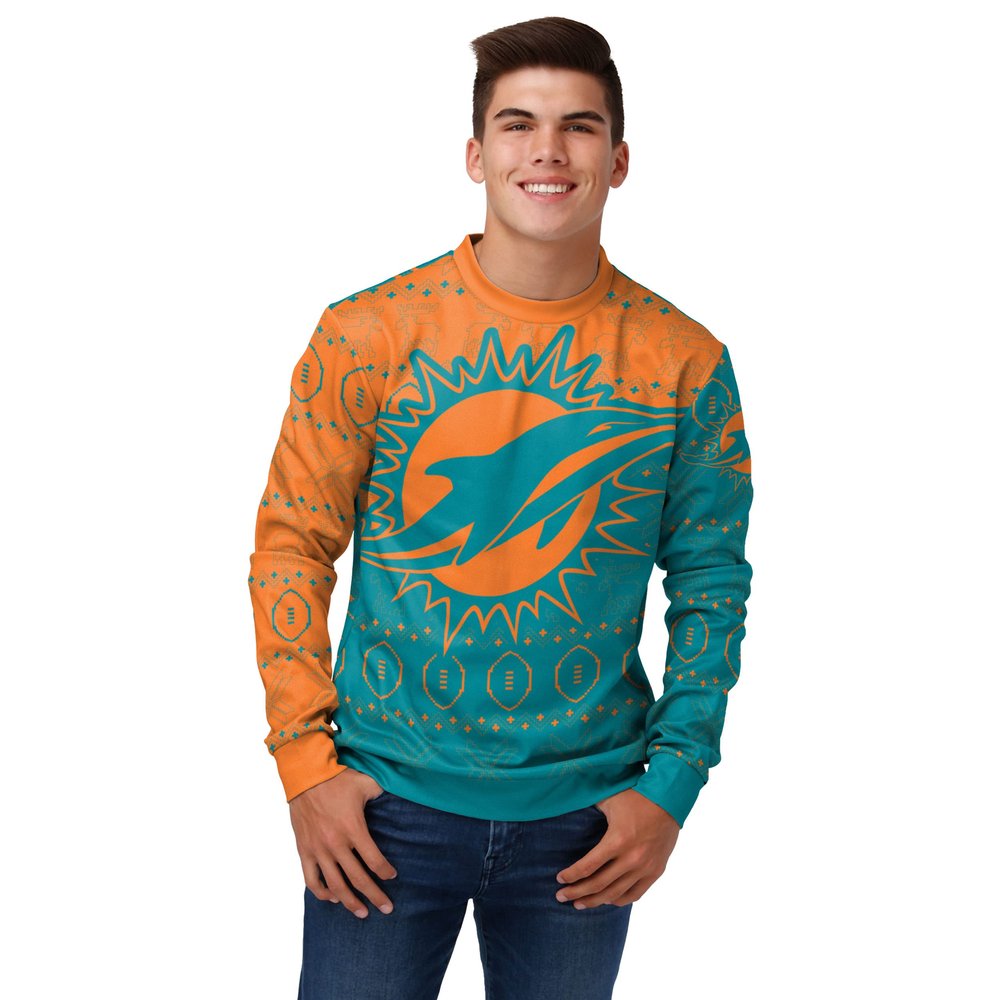 FOCO Men's NFL Printed Primary Logo Lightweight Holiday Sweater, Miami Dolphins, X-Large