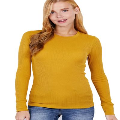 Women's Lightweight Long Sleeve Crew Neck Thermal Underwear Top Sweater Sweatshirt in Mustard - M