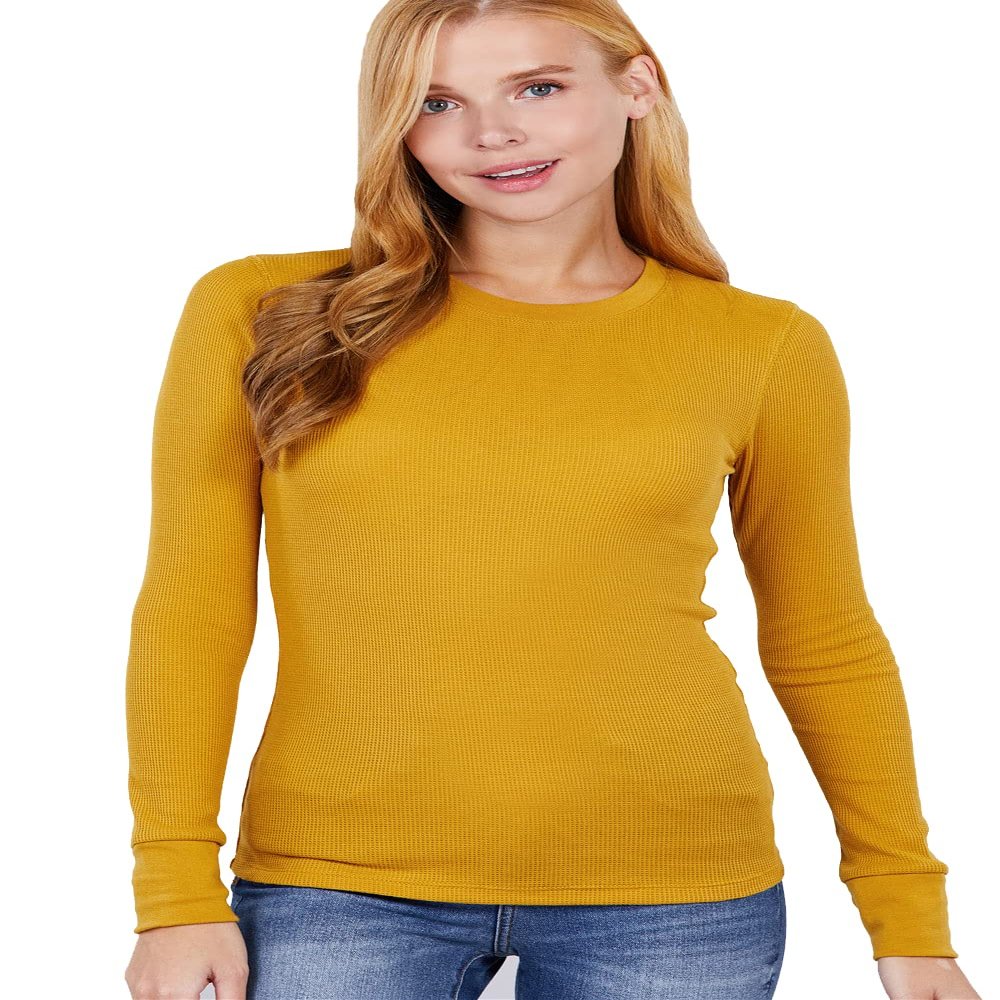 Women's Lightweight Long Sleeve Crew Neck Thermal Underwear Top Sweater Sweatshirt in Mustard - M