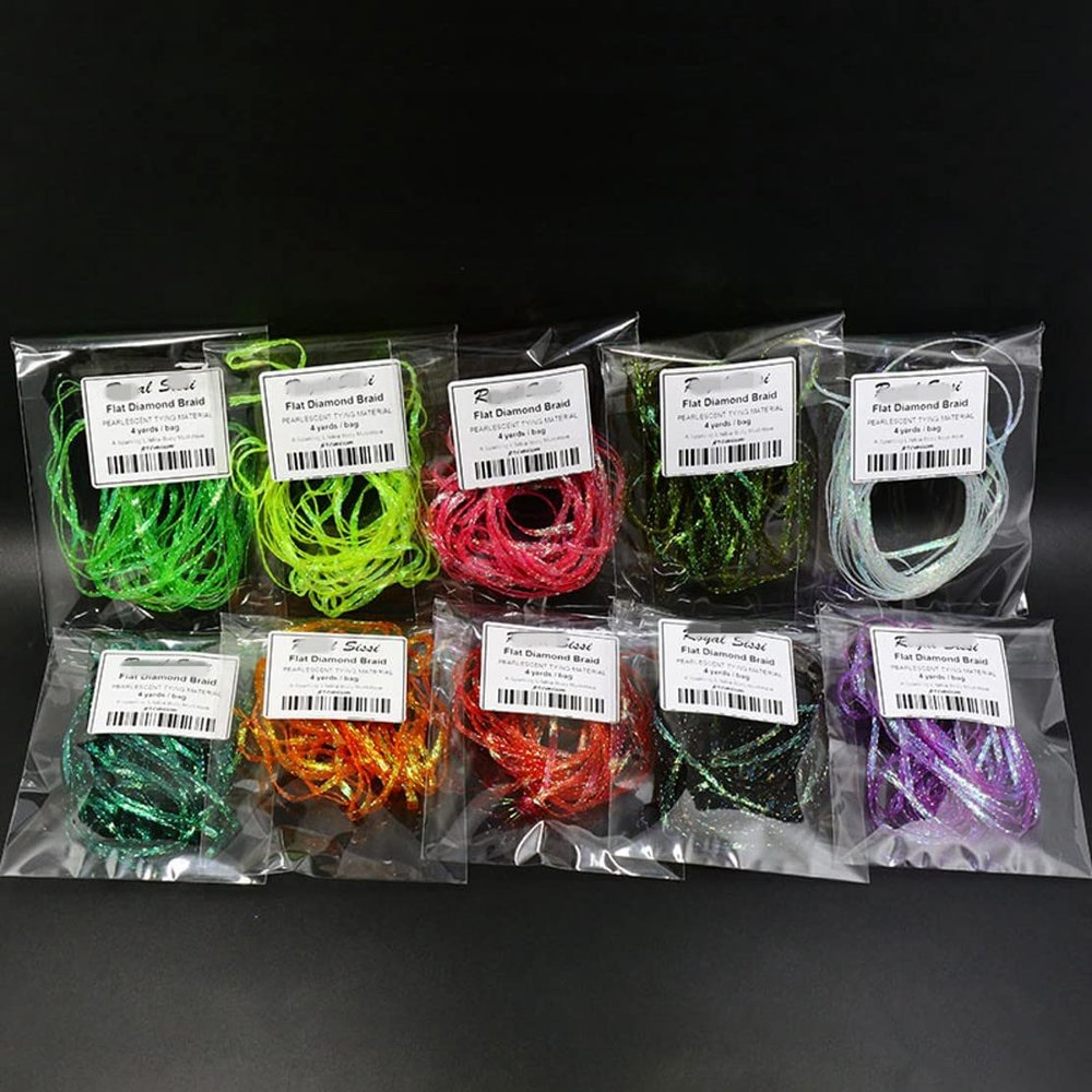 WellieSTR 10color Set Fly Tying Dyed Pearl Braided Lace Flat Diamond Braid Pearlescent Tones Shrimp Back Fly Tying Materials - 4yards/Color