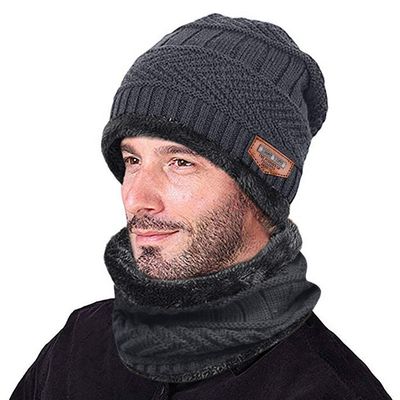 BCDlily Winter Beanie Hat Scarf Set Fleece Lined Thermal Skull Caps Neck Warmer for Men Women (Gray_A)