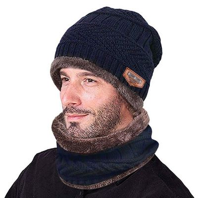 BCDlily Winter Beanie Hat Scarf Set Fleece Lined Thermal Skull Caps Neck Warmer for Men Women (Navy_A)