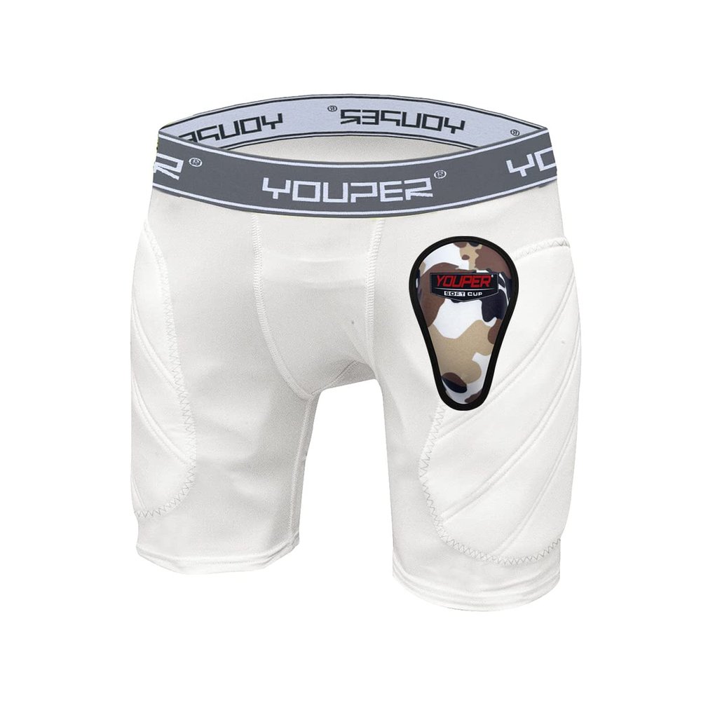 Youper Boys Youth Padded Sliding Shorts with Soft Protective Athletic Cup for Baseball, Football, Lacrosse (White Grey, Small)