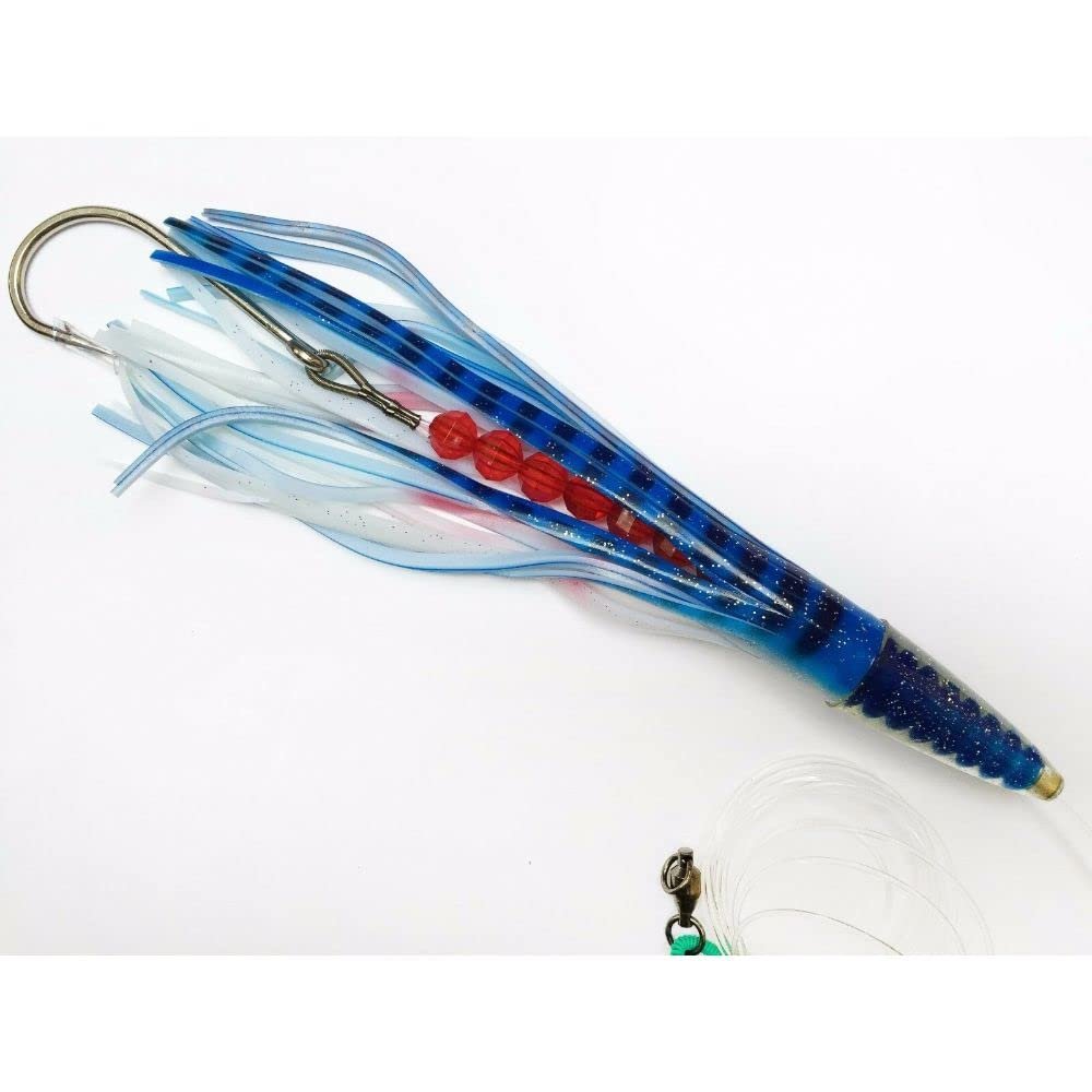 9" Rigged Green Machine Style Lure TROLLING Tuna Marlin - Blue Mackerel/White