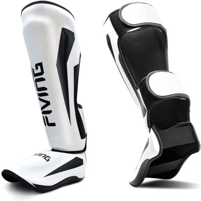 FIVING MMA Martial Arts Shin Guards  Padded, Adjustable Muay Thai Leg Guards with Instep Protection for Kickboxing/MMA Training and Sparring  Durable, Professional MMA Equipment (White, X-Large)