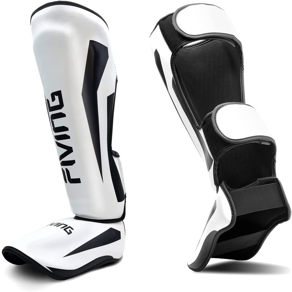 FIVING MMA Martial Arts Shin Guards Padded, Adjustable Muay Thai Leg Guards with Instep Protection for Kickboxing/MMA Training and Sparring Durable, Professional MMA Equipment (White, X-Large)