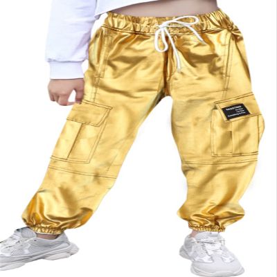 SANGTREE Girls Cargo Pants,Elastic Waist Drawstring Loose Tapered Multi Pockets Cargo Jogger Pants for Girl,Gold,7-8 Years=Tag 140