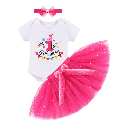 First Birthday Outfit Girl Baby 1st One Year Old Party Cake Smash Set Cotton Short Sleeve Romper Shirt Princess Tutu Tulle Skirt Bowknot Headband 3pcs Photo Shooting Props Hot Pink