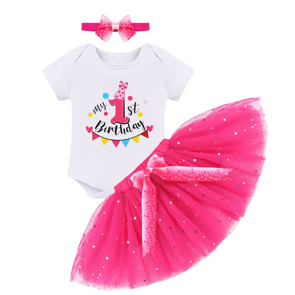 First Birthday Outfit Girl Baby 1st One Year Old Party Cake Smash Set Cotton Short Sleeve Romper Shirt Princess Tutu Tulle Skirt Bowknot Headband 3pcs Photo Shooting Props Hot Pink