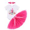 First Birthday Outfit Girl Baby 1st One Year Old Party Cake Smash Set Cotton Short Sleeve Romper Shirt Princess Tutu Tulle Skirt Bowknot Headband 3pcs Photo Shooting Props Hot Pink view 1