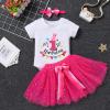 First Birthday Outfit Girl Baby 1st One Year Old Party Cake Smash Set Cotton Short Sleeve Romper Shirt Princess Tutu Tulle Skirt Bowknot Headband 3pcs Photo Shooting Props Hot Pink view 2