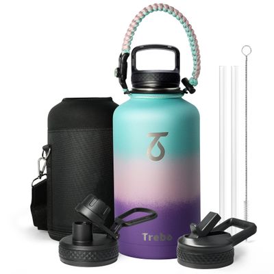 Trebo Water Bottle Insulated with Lid and Straw, Double Wall Vacuum Stainless Steel Metal Tumbler Sports Flask with Paracord Handle, Keep Cold 48 Hours Water Cup with 3 Lids, Hydrangea