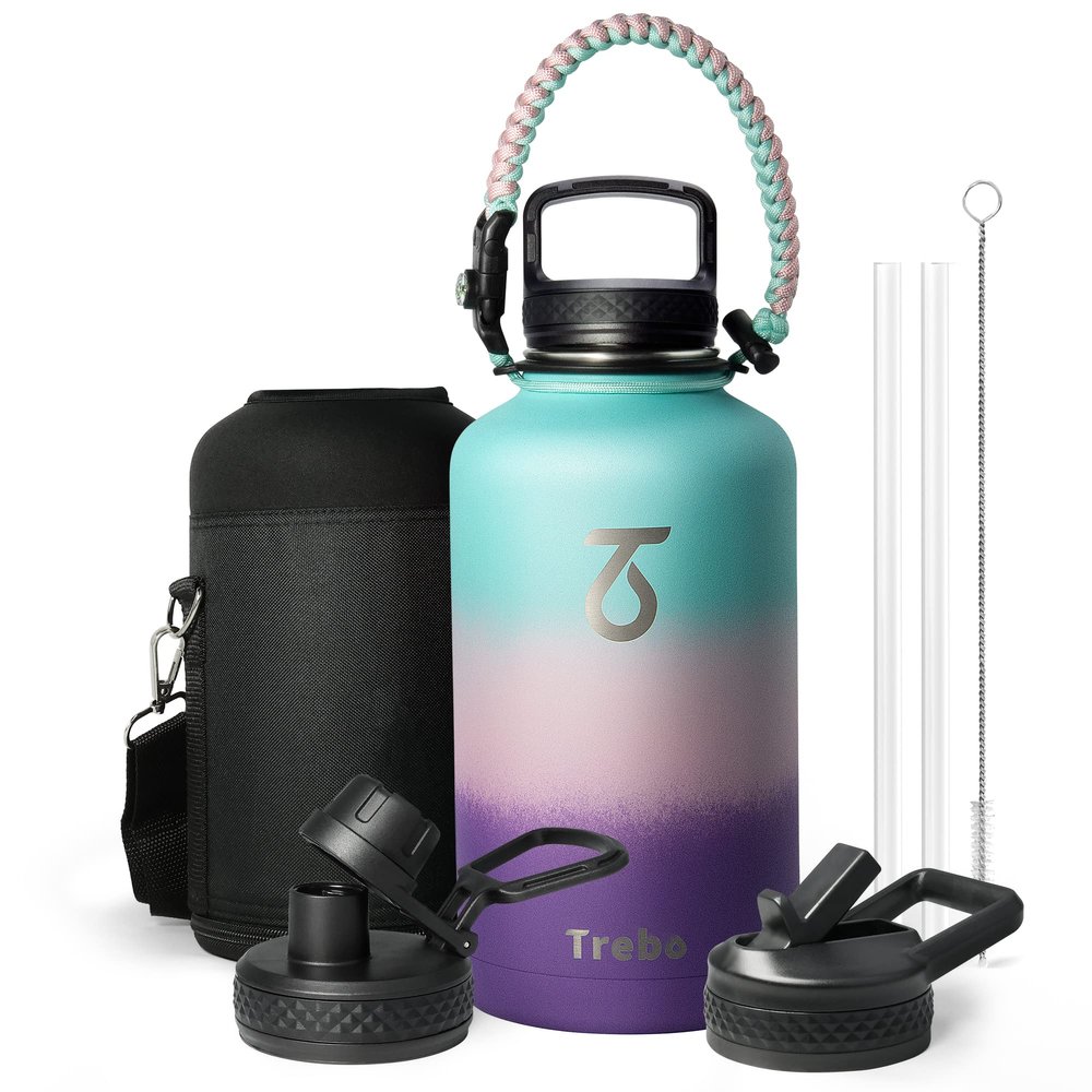 Trebo Water Bottle Insulated with Lid and Straw, Double Wall Vacuum Stainless Steel Metal Tumbler Sports Flask with Paracord Handle, Keep Cold 48 Hours Water Cup with 3 Lids, Hydrangea