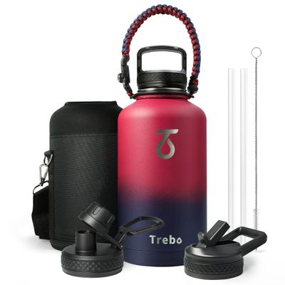 Trebo Insulated Water Bottle 64 oz, Half Gallon Metal Vacuum Water Jug with Paracord Handle and 3 Lids, Leakproof BPA-Free Flask for Gym Sports Hiking Travel, Keep Cold 48 Hours, Ruby Red