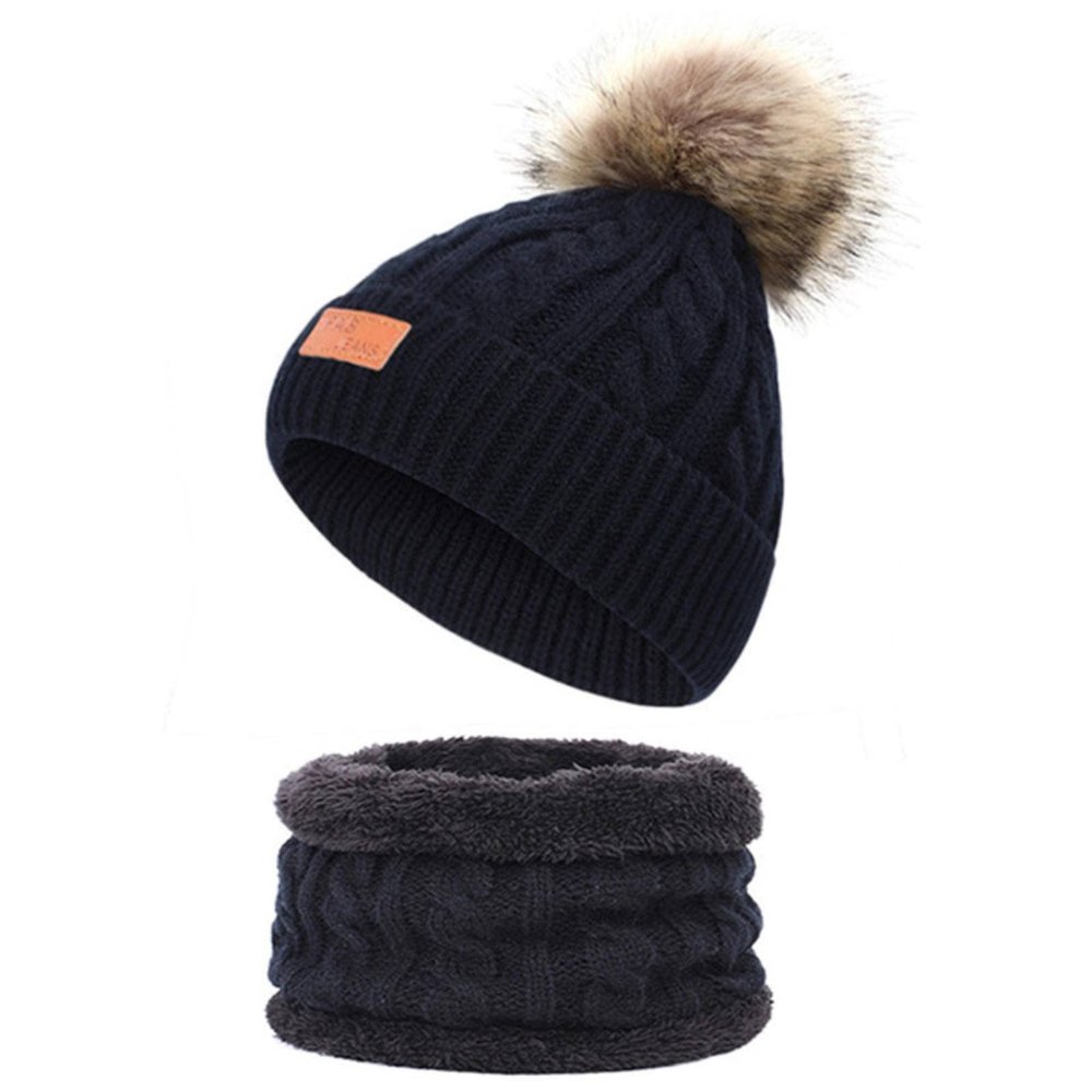 NC Warm Beanies Hat for Girl Ring Scarf Pompoms Winter Hats Knitted Caps Scarf 2 Pieces Fashion Winter Hat Scarf Set for Child