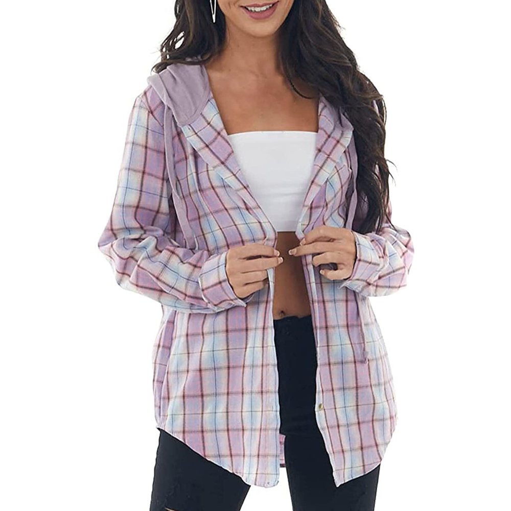 Womens Long Sleeve Plaid Hoodie Jacket Button Down Casual Boyfriend Blouse Shirts Tops Flannel Shirts with Pocket (Light Purple, Small)