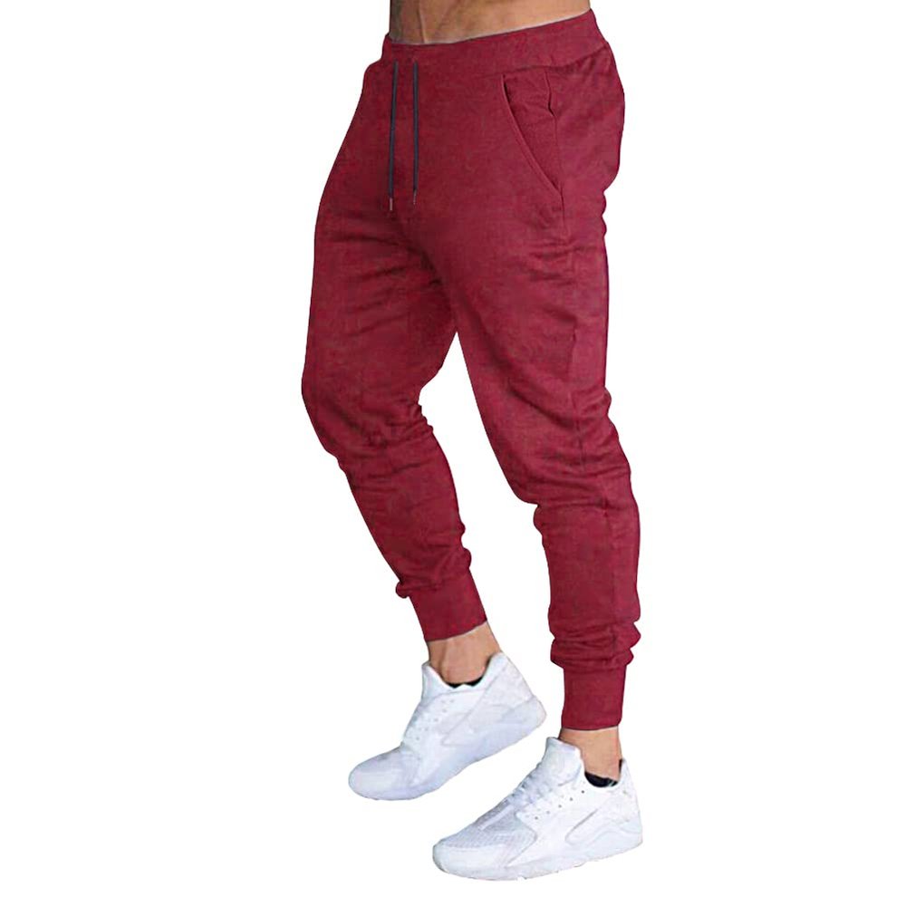 BUXKR Men's Slim Joggers Workout Pants for Gym Running and Bodybuilding Athletic Bottom Sweatpants with Deep Pockets,Wine red,M