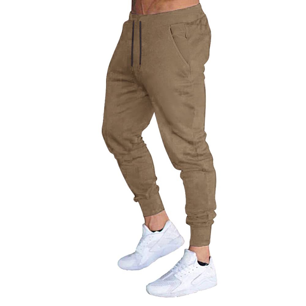BUXKR Men's Slim Joggers Workout Pants for Gym Running and Bodybuilding Athletic Bottom Sweatpants with Deep Pockets,Khaki,XL