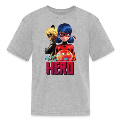 Spreadshirt Miraculous Merchandise Be Your Own Hero Ladybug Cat Noir Kid's T-Shirt, S, Heather Gray