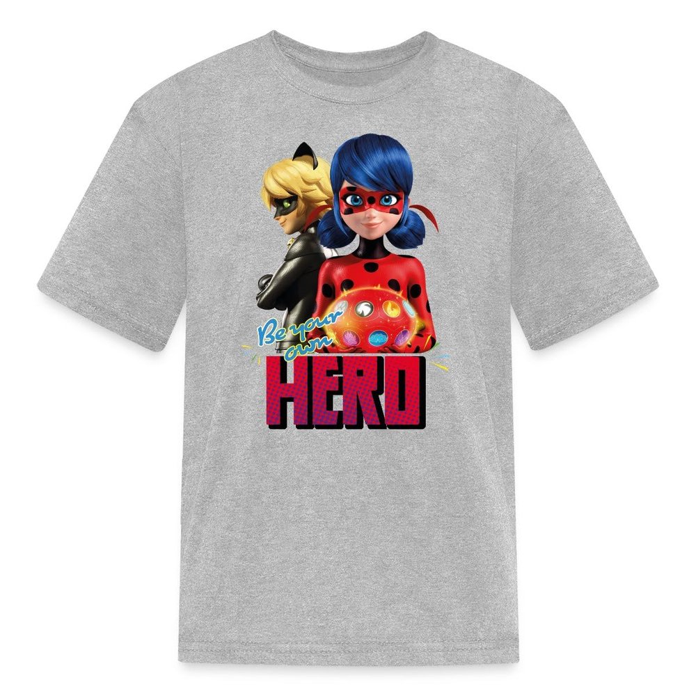Spreadshirt Miraculous Merchandise Be Your Own Hero Ladybug Cat Noir Kid's T-Shirt, S, Heather Gray