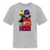 Spreadshirt Miraculous Merchandise Be Your Own Hero Ladybug Cat Noir Kid's T-Shirt, S, Heather Gray view 1