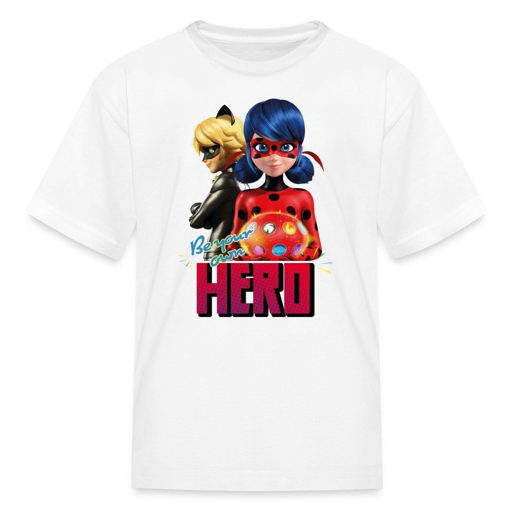Spreadshirt Miraculous Merchandise Be Your Own Hero Ladybug Cat Noir Kid's T-Shirt, S, White