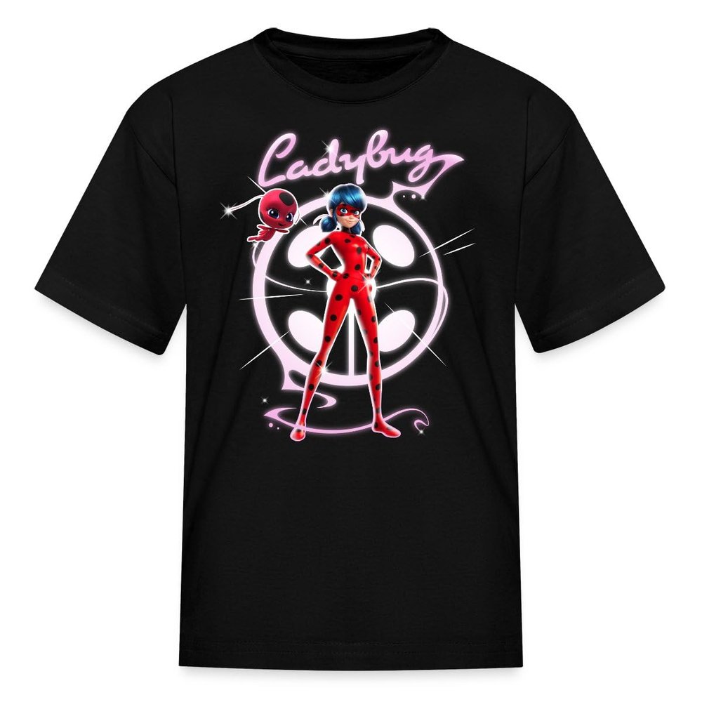 Spreadshirt Miraculous Merchandise Ladybug Slogan Pose with Tikki Kid's T-Shirt, M, Black
