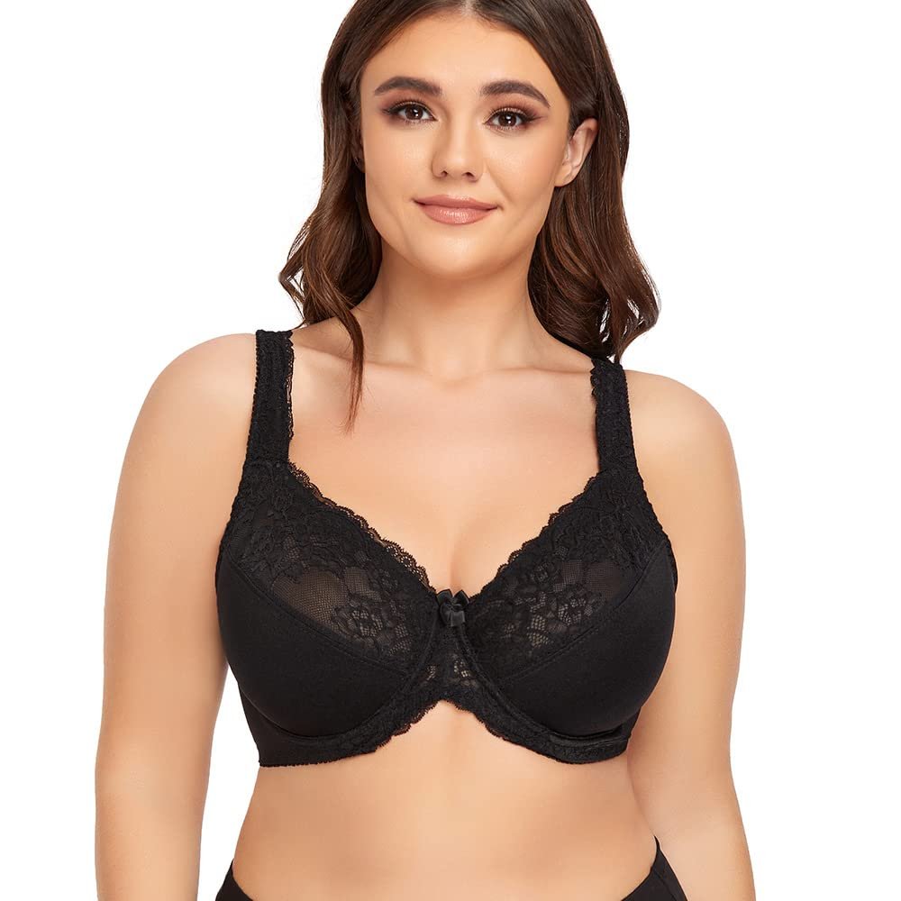 Women's Plus Size Full Coverage Lace Bra Underwire Non Padded Push up Bralette 40D Black