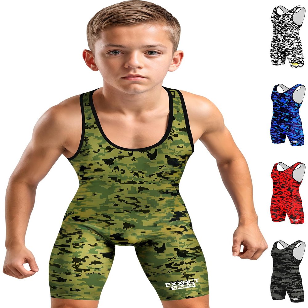 Exxact Sports Digital Camouflage Youth Wrestling Singlet For Boys, Premium Powerlifting Singlet, Kids Wrestling Singlets For Training (YM, Green Camo)